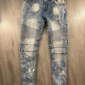 Black Skinny Moto Jeans with Acid-Wash and Paint-Splatter